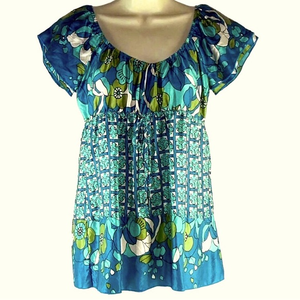 1060 SHERMAN boho blue Silk drawstring Empire‎ Waist flower print top Small